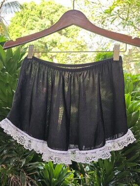G World Black Micro Mini Skirt White Lace Trim Elastic Waist Y2K Maid Style OS
